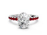 White gold Oval Cut Diamond Solitaire Ring with Round with Ruby side stone Pavé Band and Four-Prong Setting