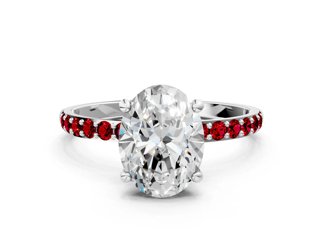White gold Oval Cut Diamond Solitaire Ring with Round with Ruby side stone Pavé Band and Prong Setting_24