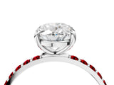 White gold Oval Cut Diamond Solitaire Ring with Round with Ruby side stone Pavé Band and Prong Setting_28