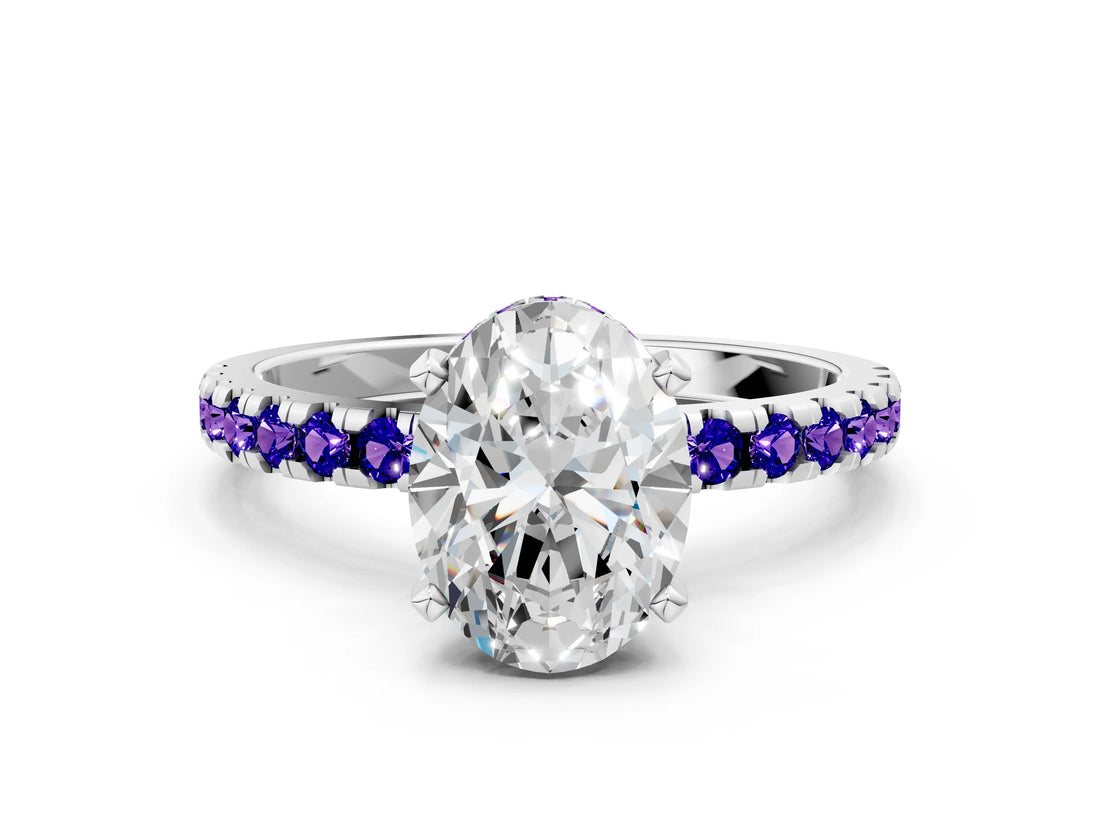 White gold Oval Cut Diamond Solitaire Ring with Round with Tanzanite side stone Pavé Band and Four-Prong Setting