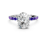 White gold Oval Cut Diamond Solitaire Ring with Round with Tanzanite side stone Pavé Band and Prong Setting