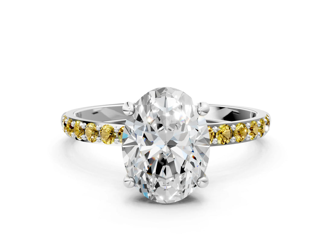White gold Oval Cut Diamond Solitaire Ring with Round with Yellow Sapphire side stone Pavé Band and Prong Setting_48