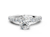 White gold Oval Cut Diamond Solitaire Ring with Shared Prong Pavé Band and Four-Prong Setting_124