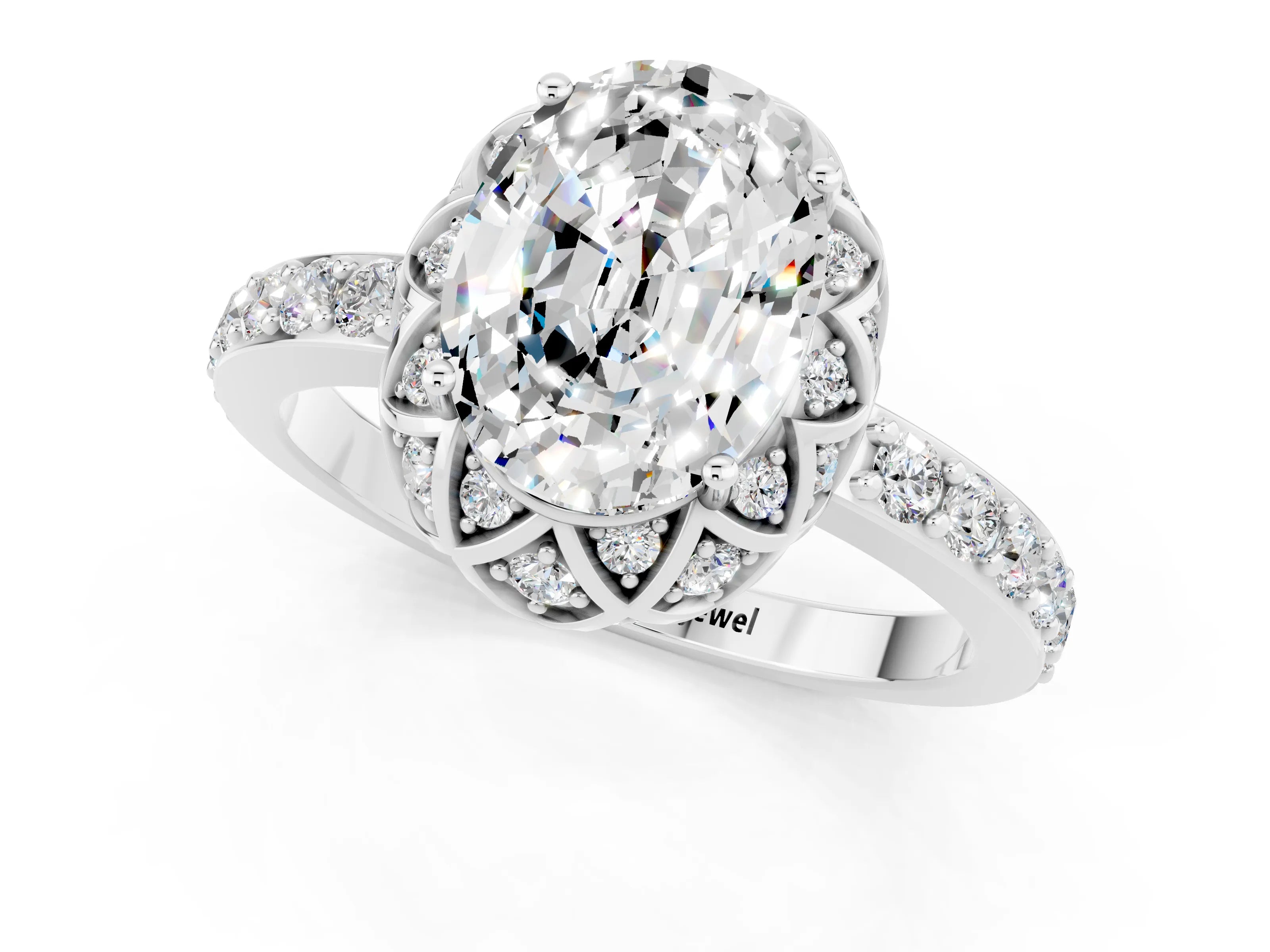 White gold Oval Cut Diamond Solitaire Ring with Shared Prong Pavé Band_1