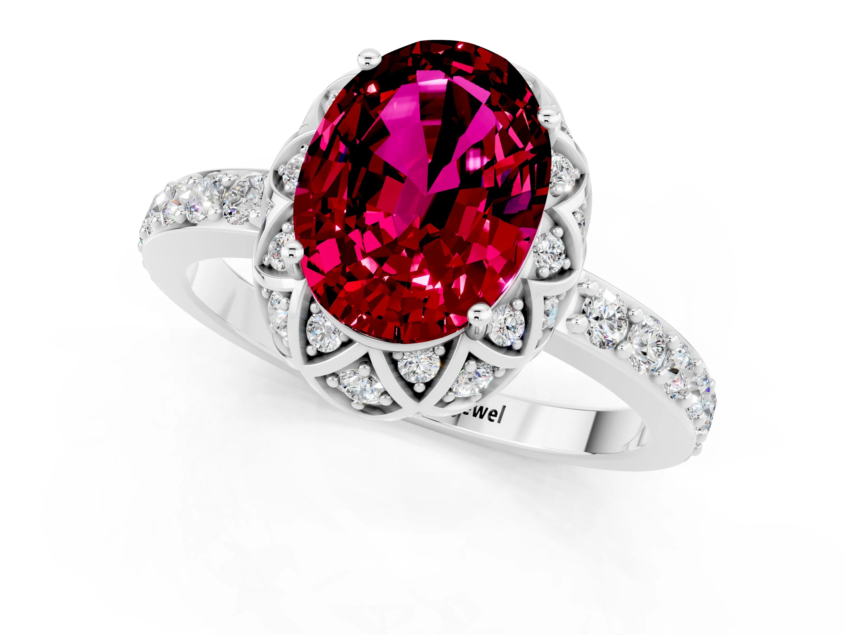 White gold Oval Cut Diamond Solitaire Ring with Shared Prong Pavé Band_1