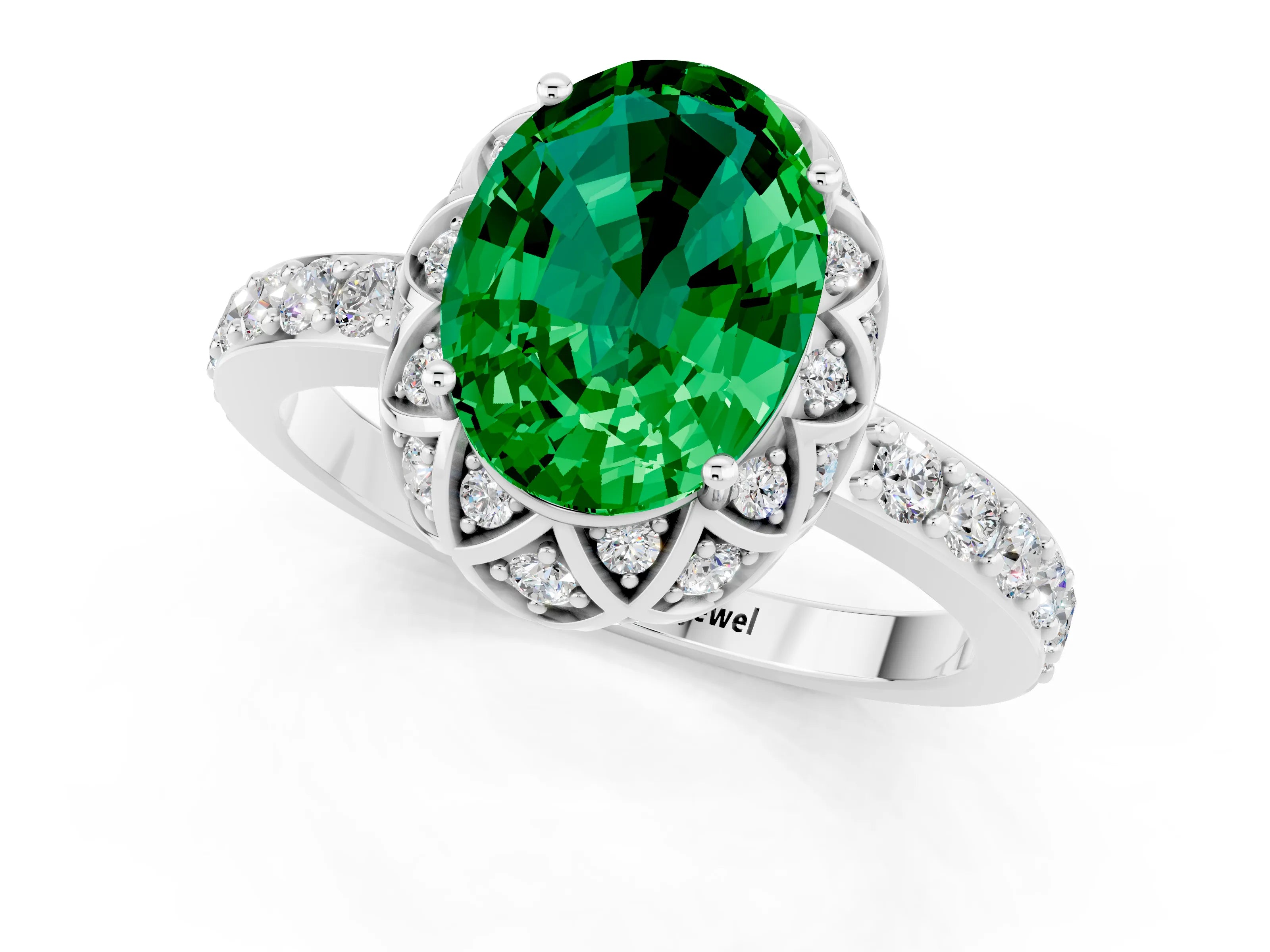 White gold Oval Cut Diamond Solitaire Ring with Shared Prong Pavé Band_1