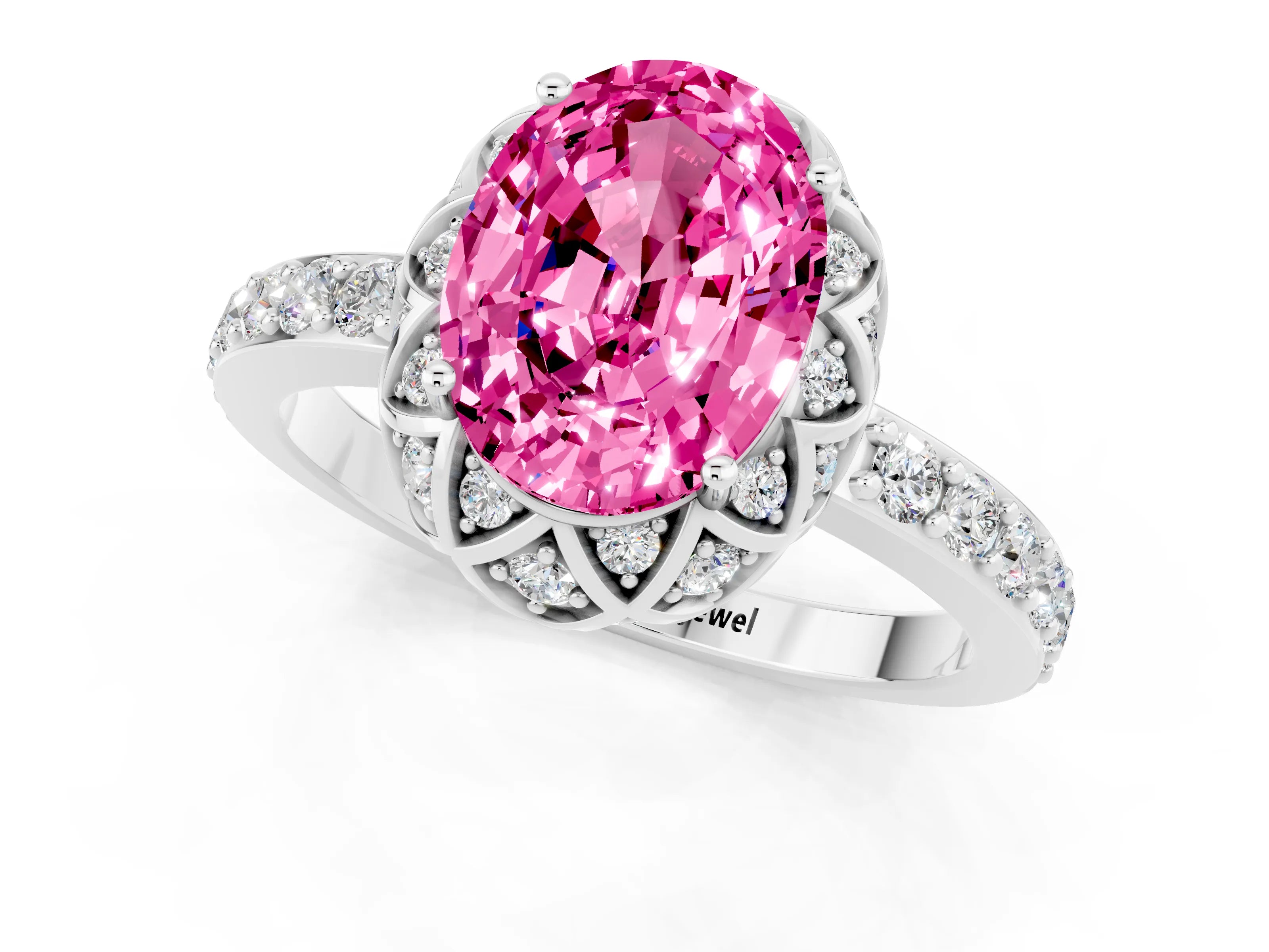White gold Oval Cut Diamond Solitaire Ring with Shared Prong Pavé Band_1