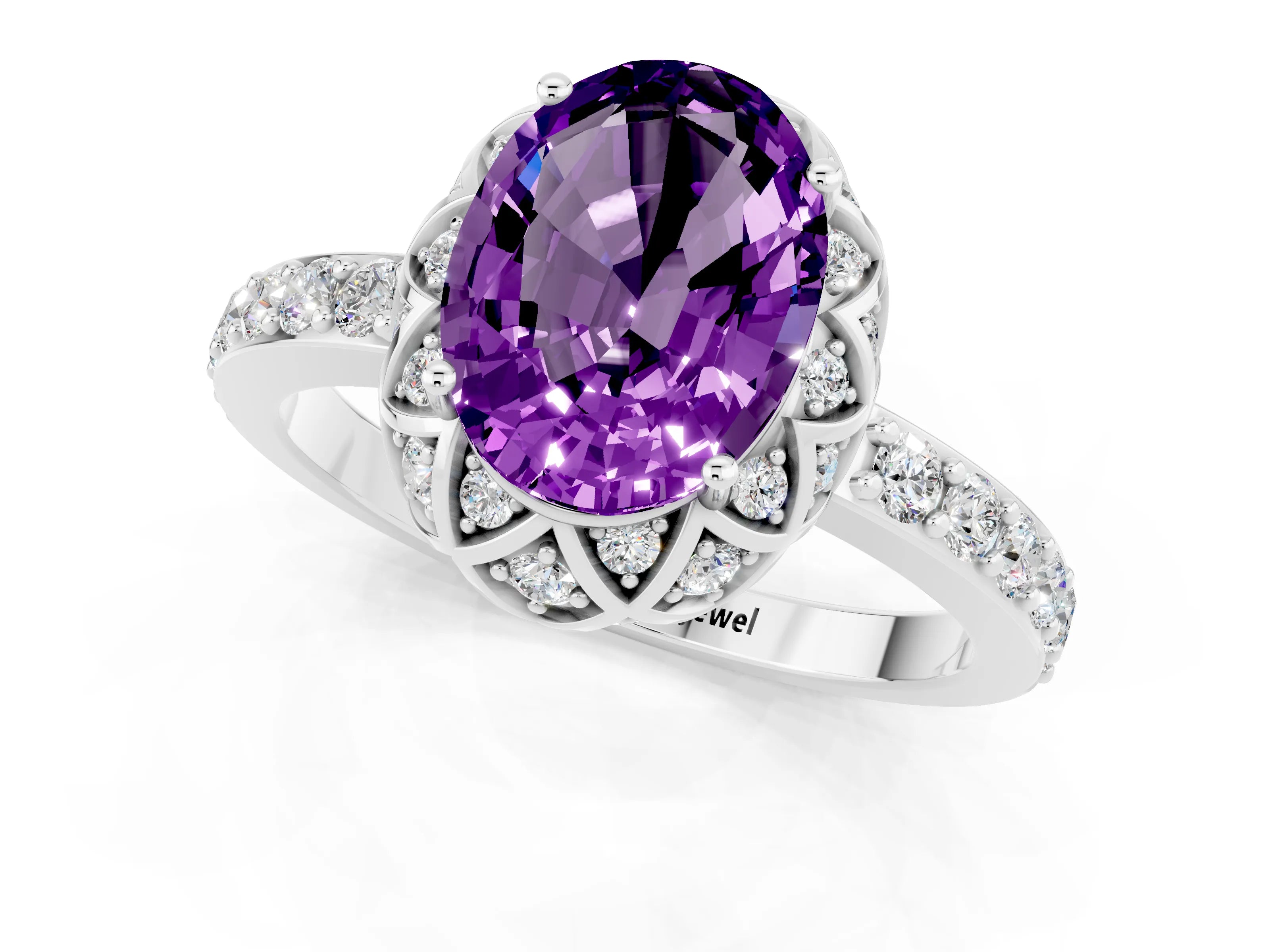 White gold Oval Cut Diamond Solitaire Ring with Shared Prong Pavé Band_1