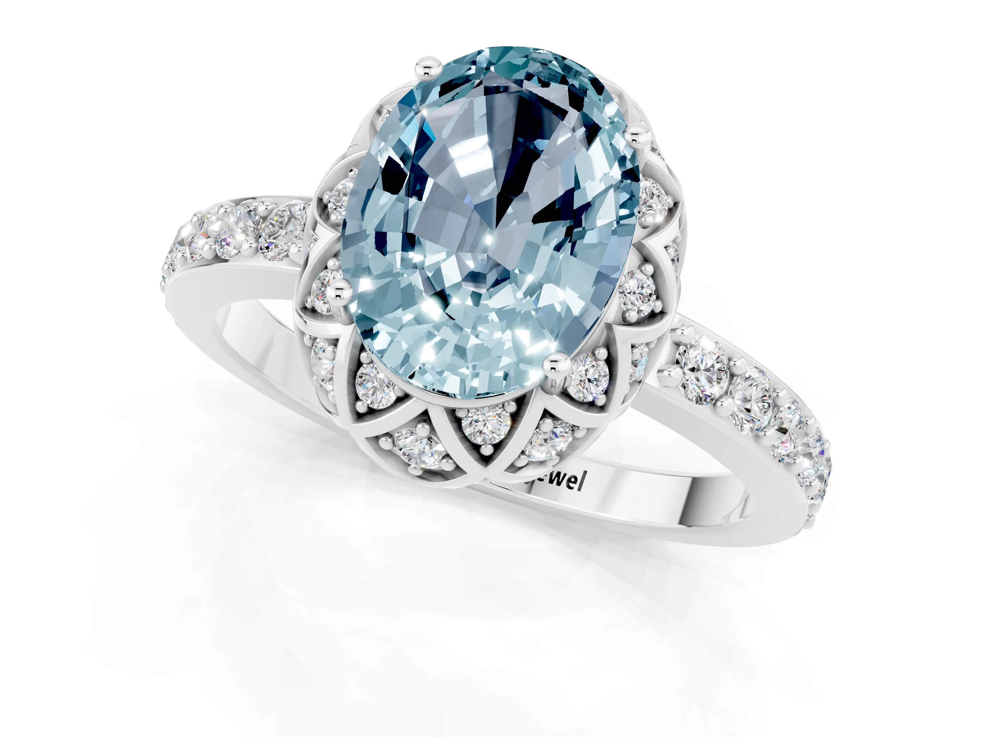 White gold Oval Cut Diamond Solitaire Ring with Shared Prong Pavé Band_1