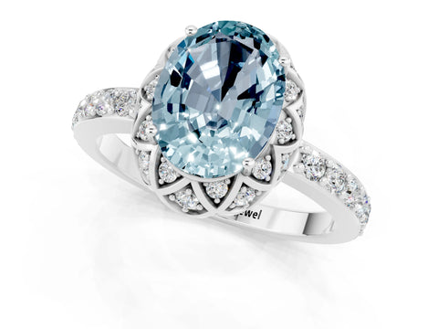 White gold Oval Cut Diamond Solitaire Ring with Shared Prong Pavé Band_1