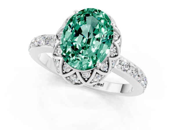 White gold Oval Cut Green Sapphire Scalloped Halo Engagement Ring with Round Shared Prong Band