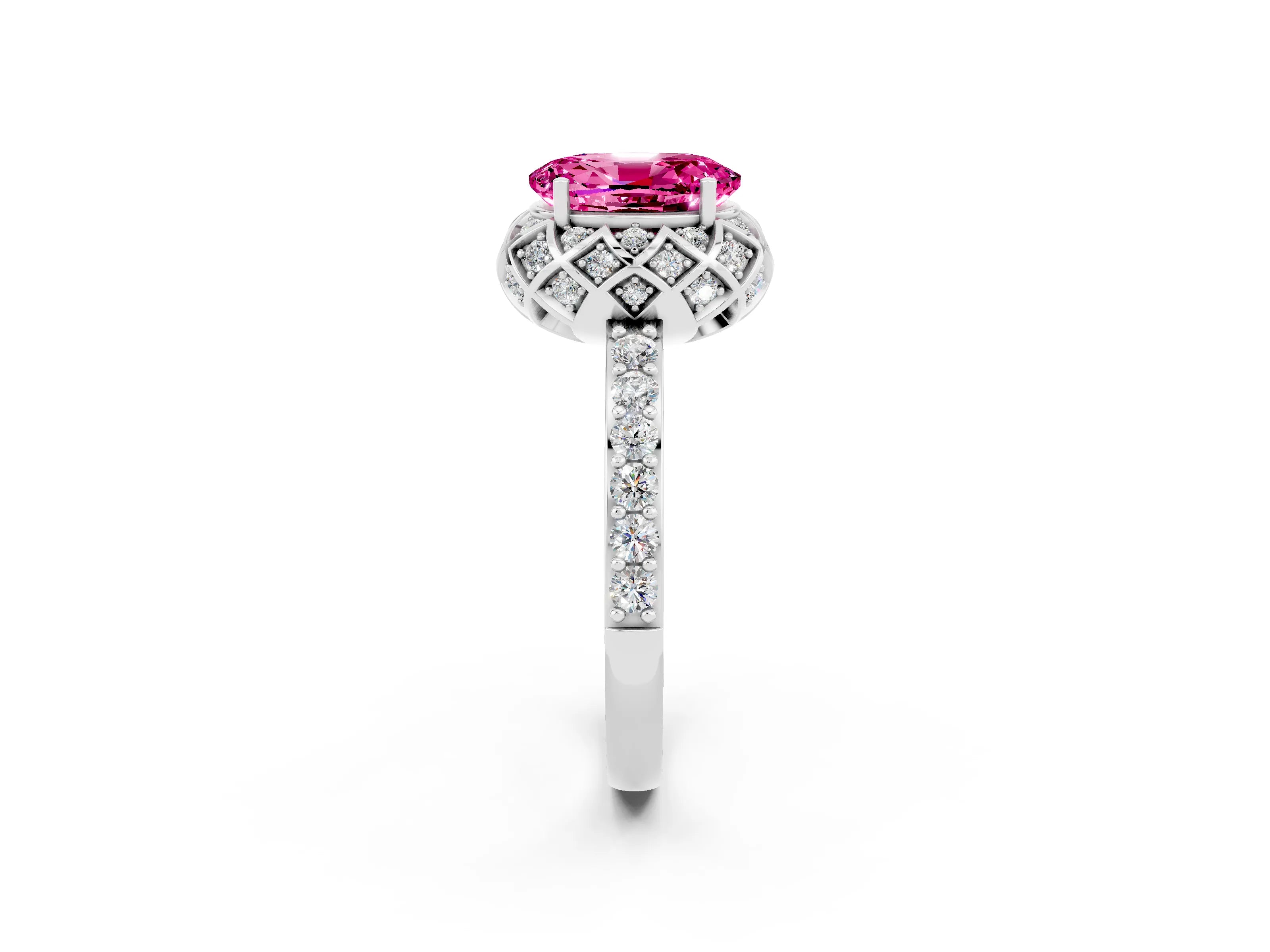 White gold Oval Cut Diamond Solitaire Ring with Shared Prong Pavé Band_2