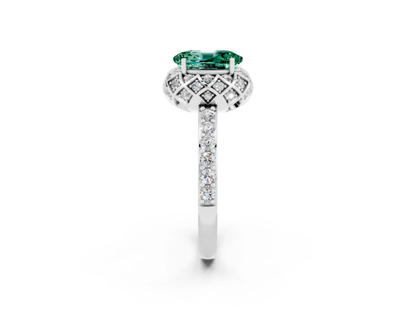 Platinum Oval Cut Green Sapphire Scalloped Halo Engagement Ring with Round Shared Prong Band