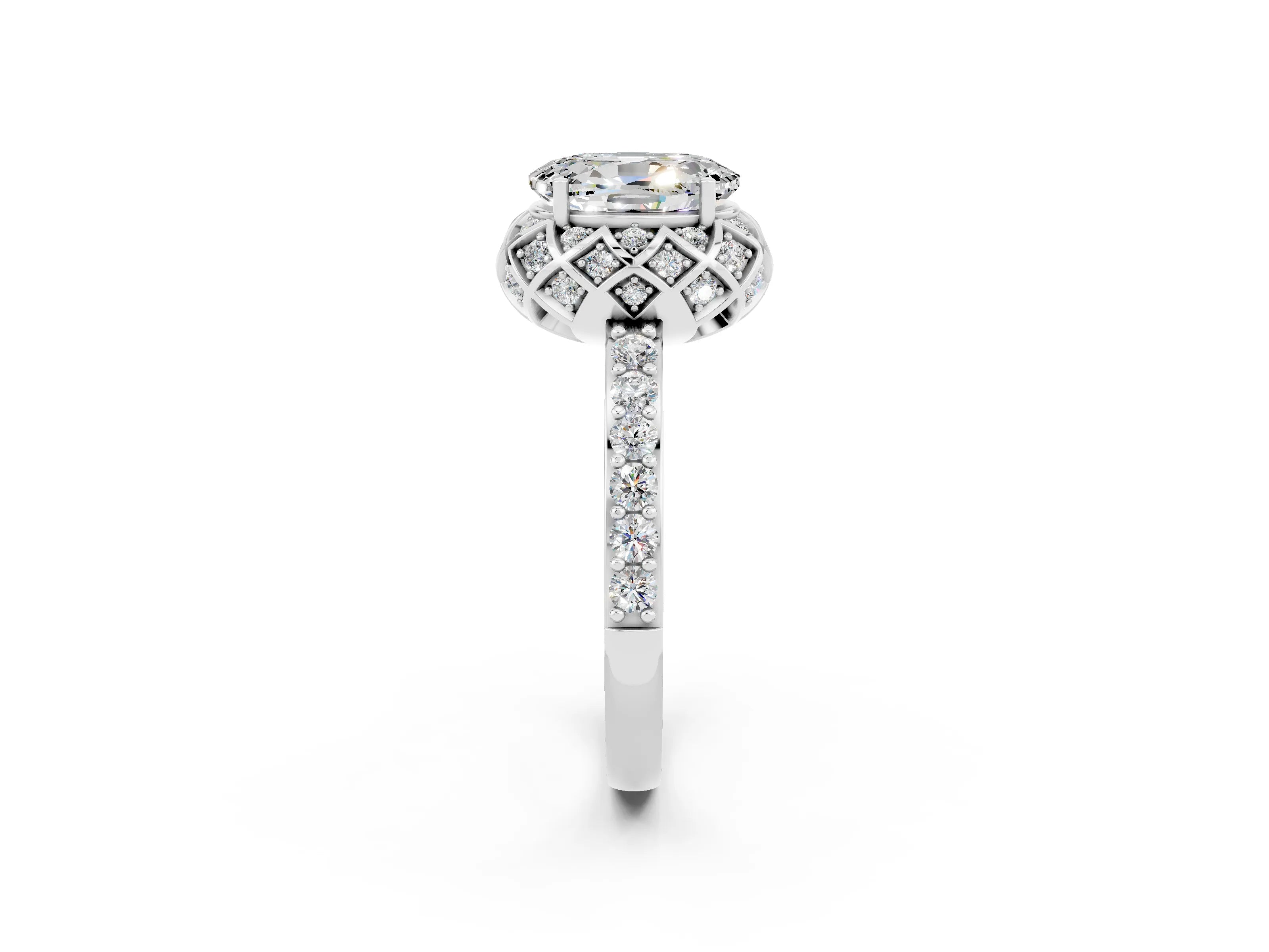White gold Oval Cut Diamond Solitaire Ring with Shared Prong Pavé Band_2