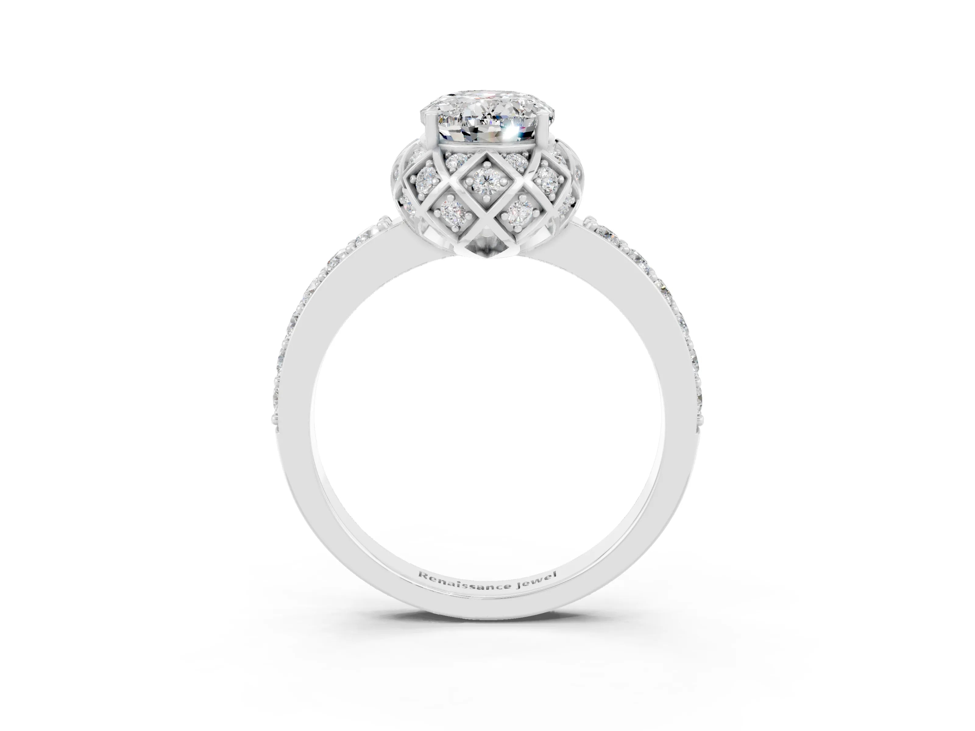 White gold Oval Cut Diamond Solitaire Ring with Shared Prong Pavé Band_3