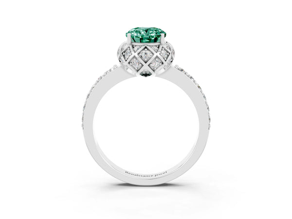 Silver Oval Cut Green Sapphire Scalloped Halo Engagement Ring with Round Shared Prong Band