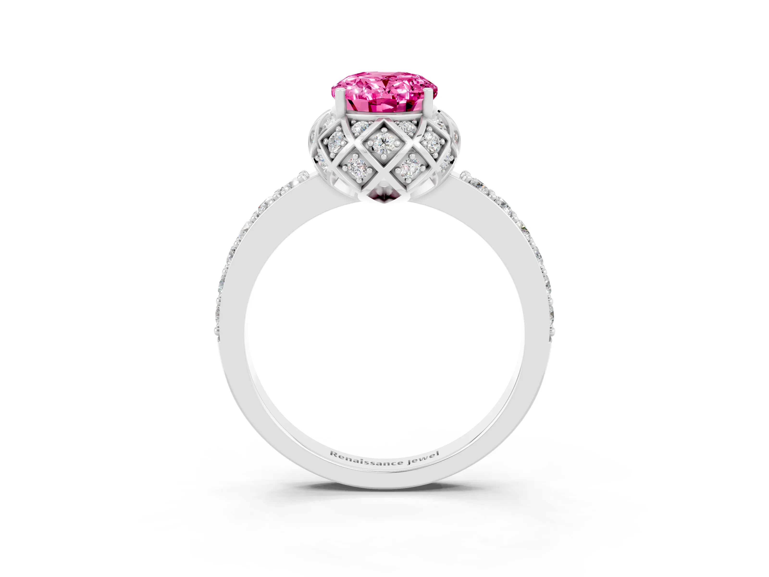 White gold Oval Cut Diamond Solitaire Ring with Shared Prong Pavé Band_3