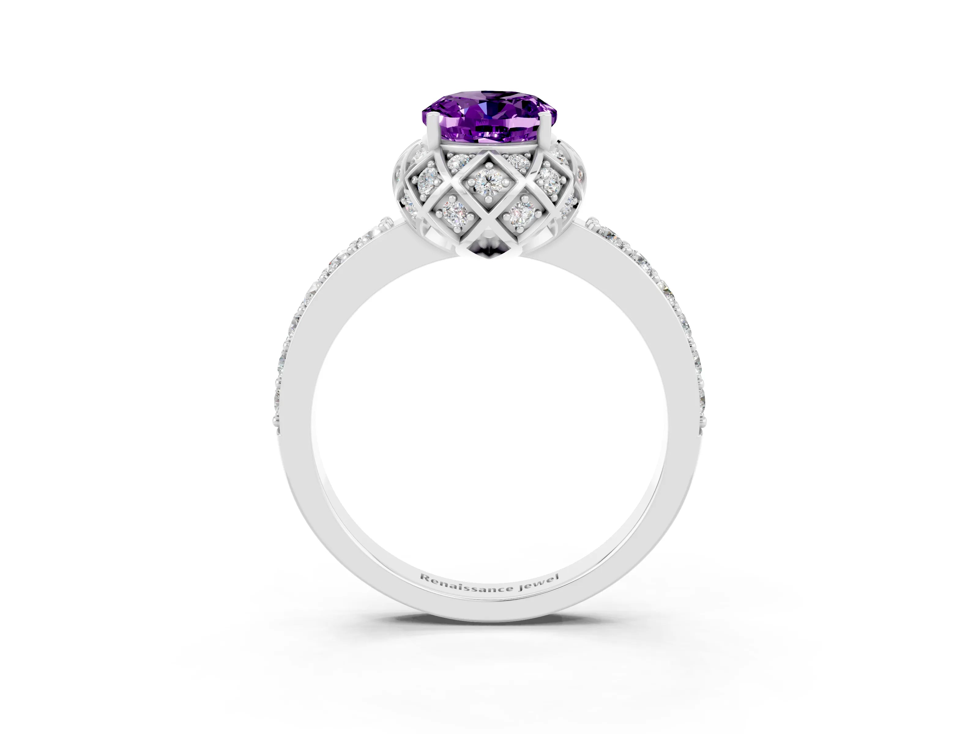White gold Oval Cut Diamond Solitaire Ring with Shared Prong Pavé Band_3