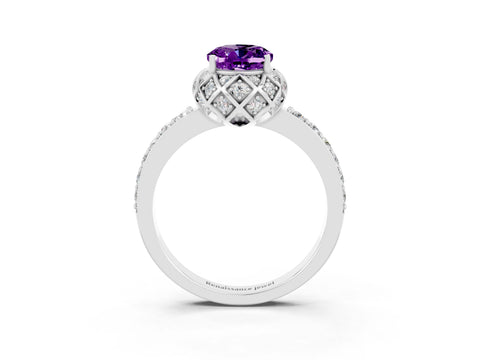 White gold Oval Cut Diamond Solitaire Ring with Shared Prong Pavé Band_3