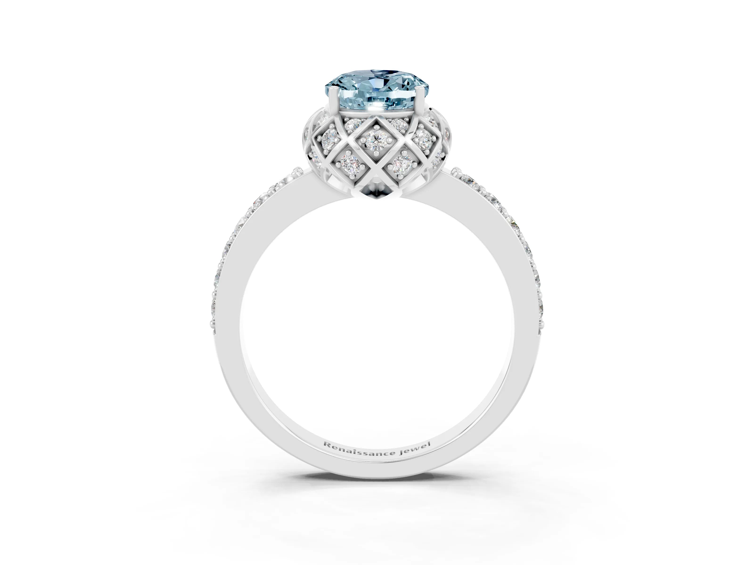 White gold Oval Cut Diamond Solitaire Ring with Shared Prong Pavé Band_3