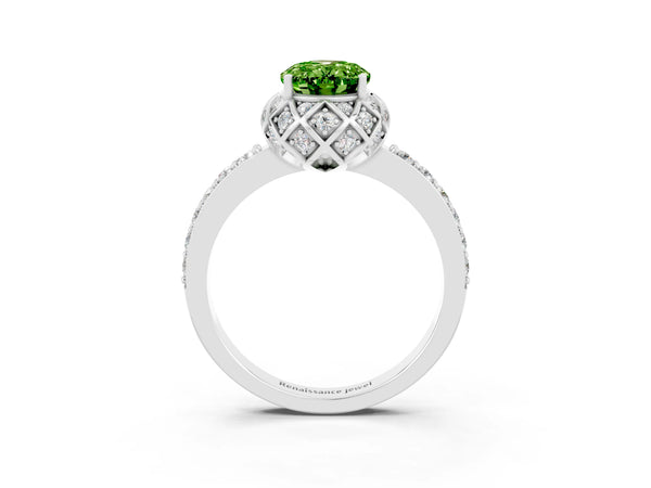 Silver Oval Cut Diamond Solitaire Ring with Shared Prong Pavé Band