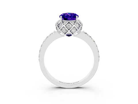 White gold Oval Cut Diamond Solitaire Ring with Shared Prong Pavé Band_3