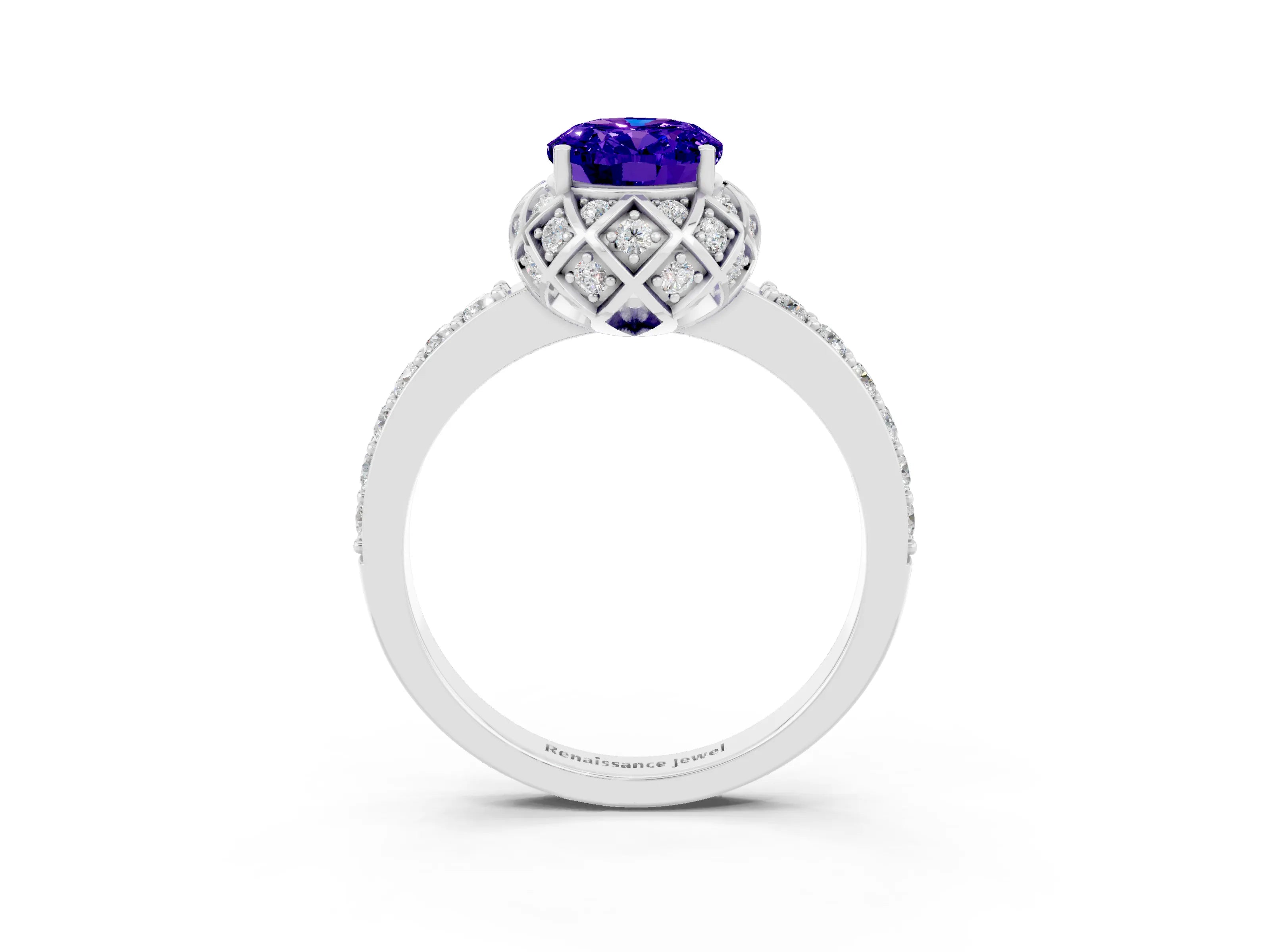 White gold Oval Cut Diamond Solitaire Ring with Shared Prong Pavé Band_3