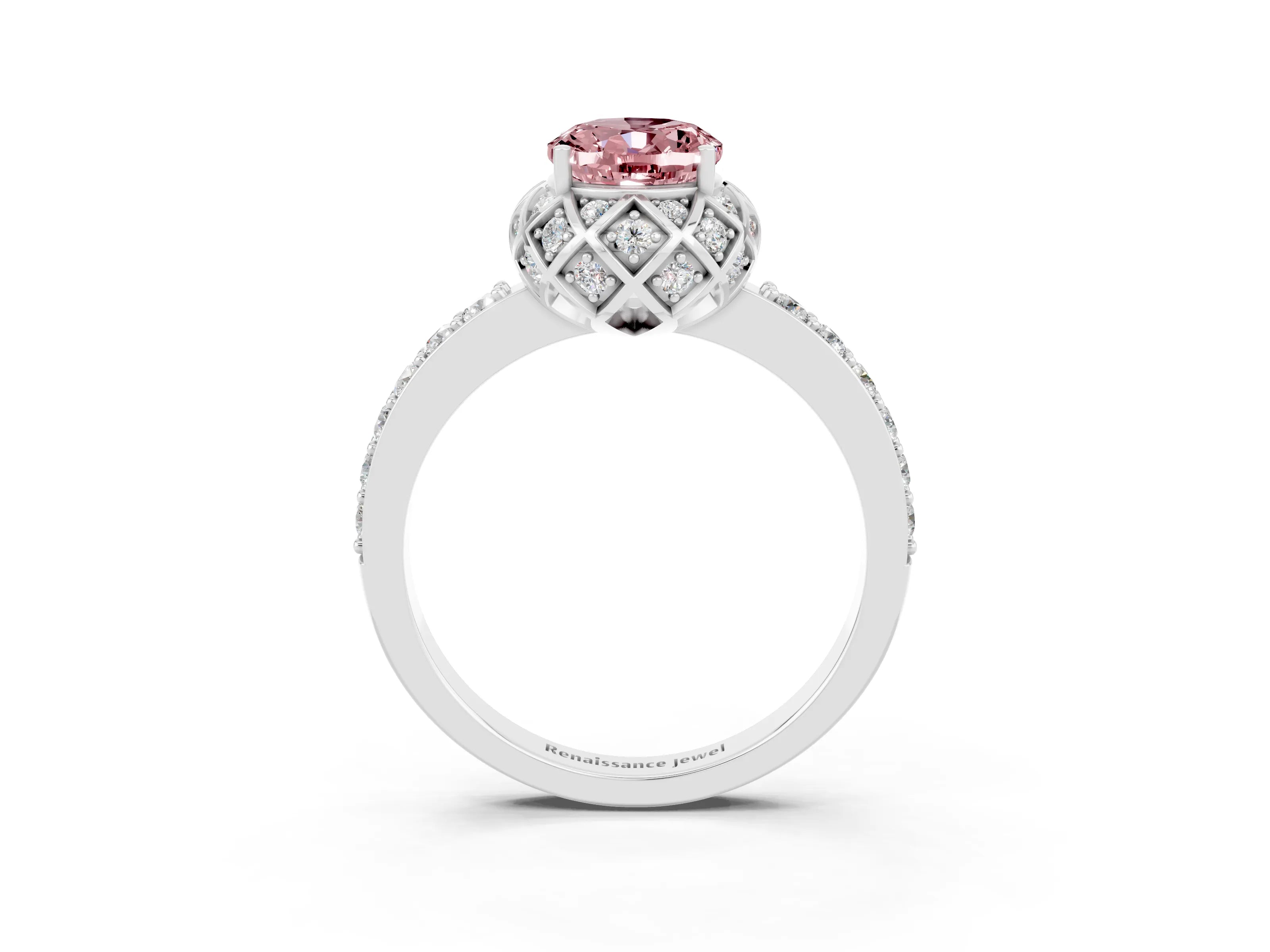 White gold Oval Cut Diamond Solitaire Ring with Shared Prong Pavé Band_3