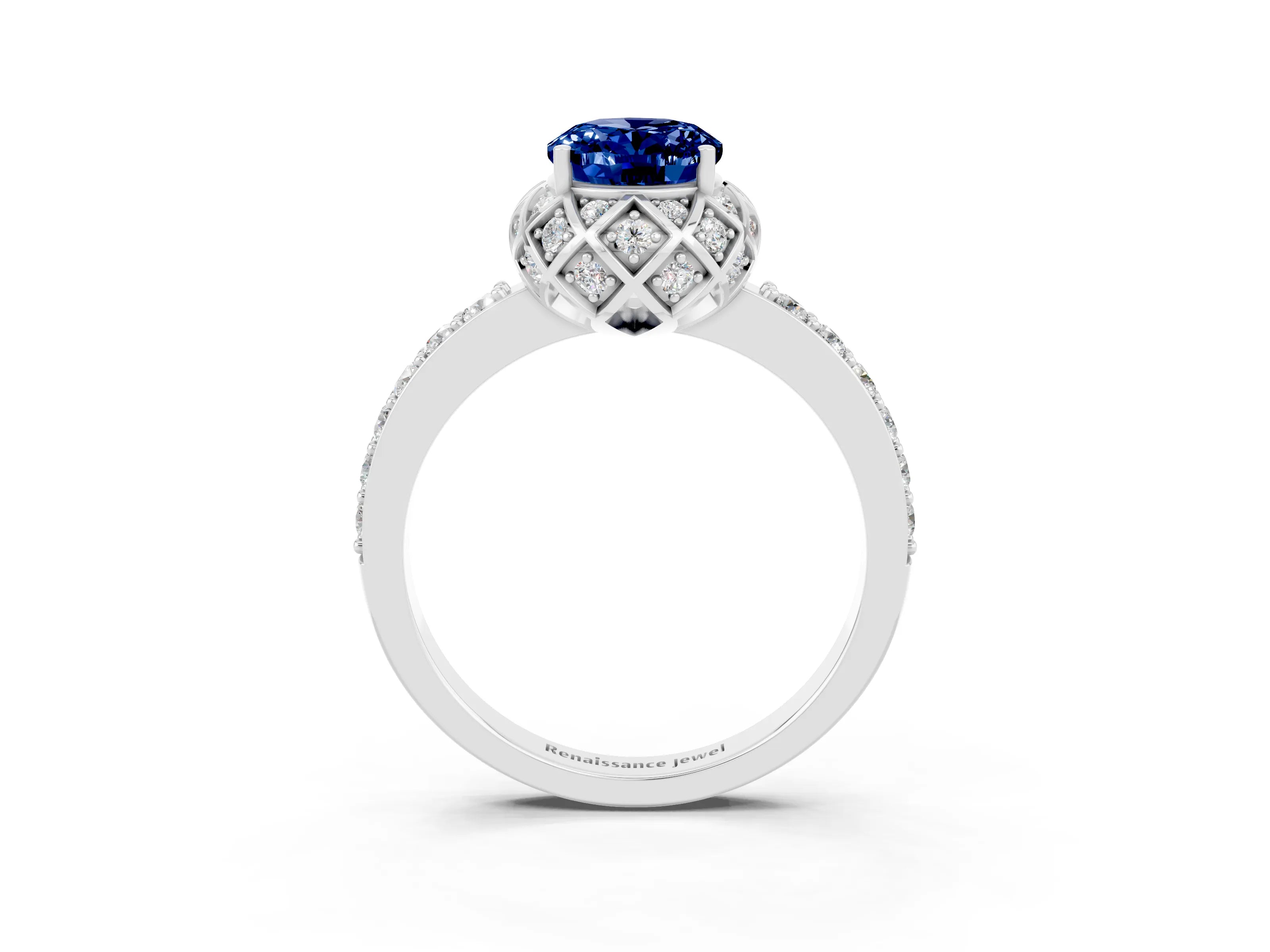 White gold Oval Cut Diamond Solitaire Ring with Shared Prong Pavé Band_3