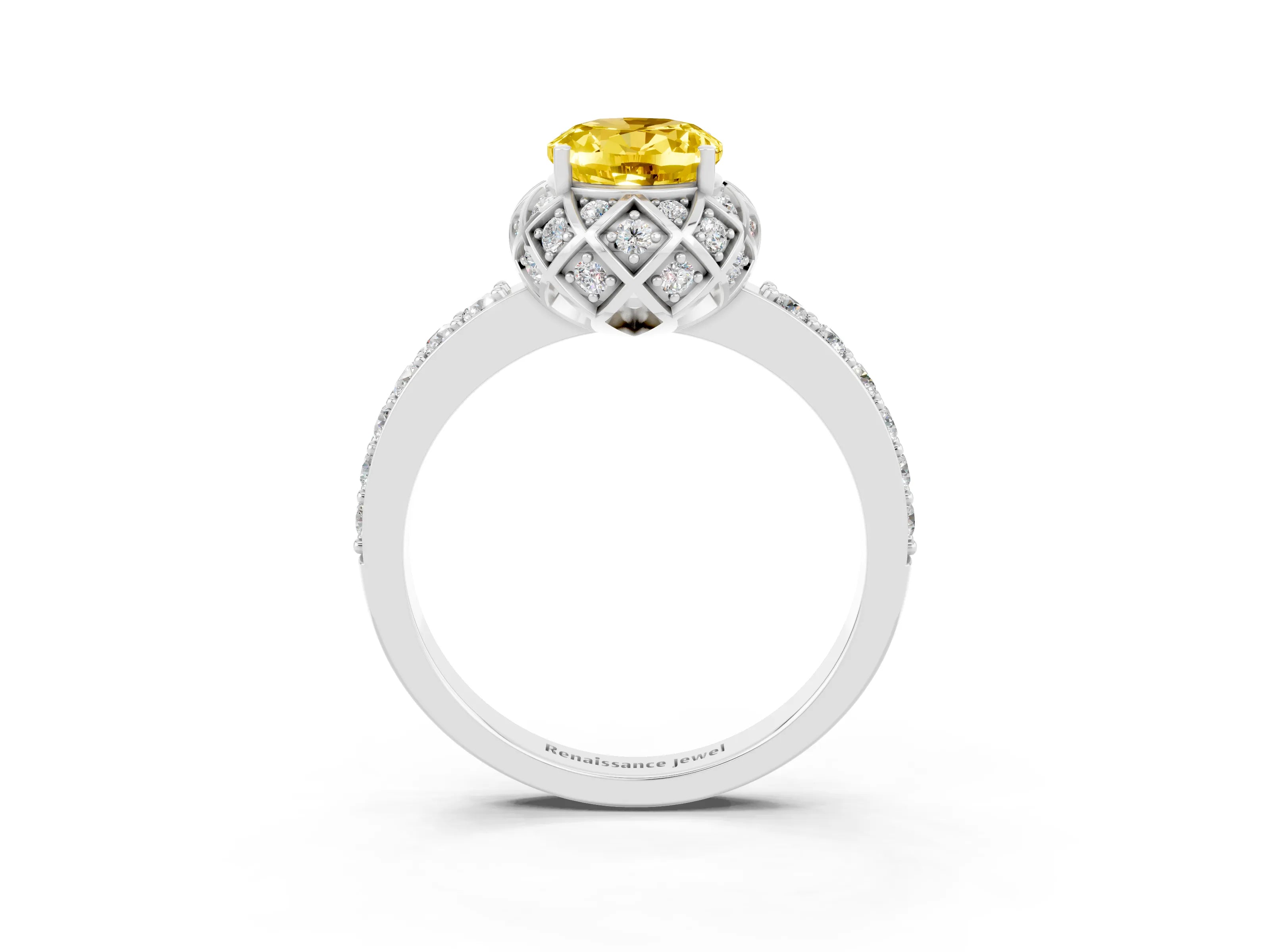 White gold Oval Cut Diamond Solitaire Ring with Shared Prong Pavé Band_3