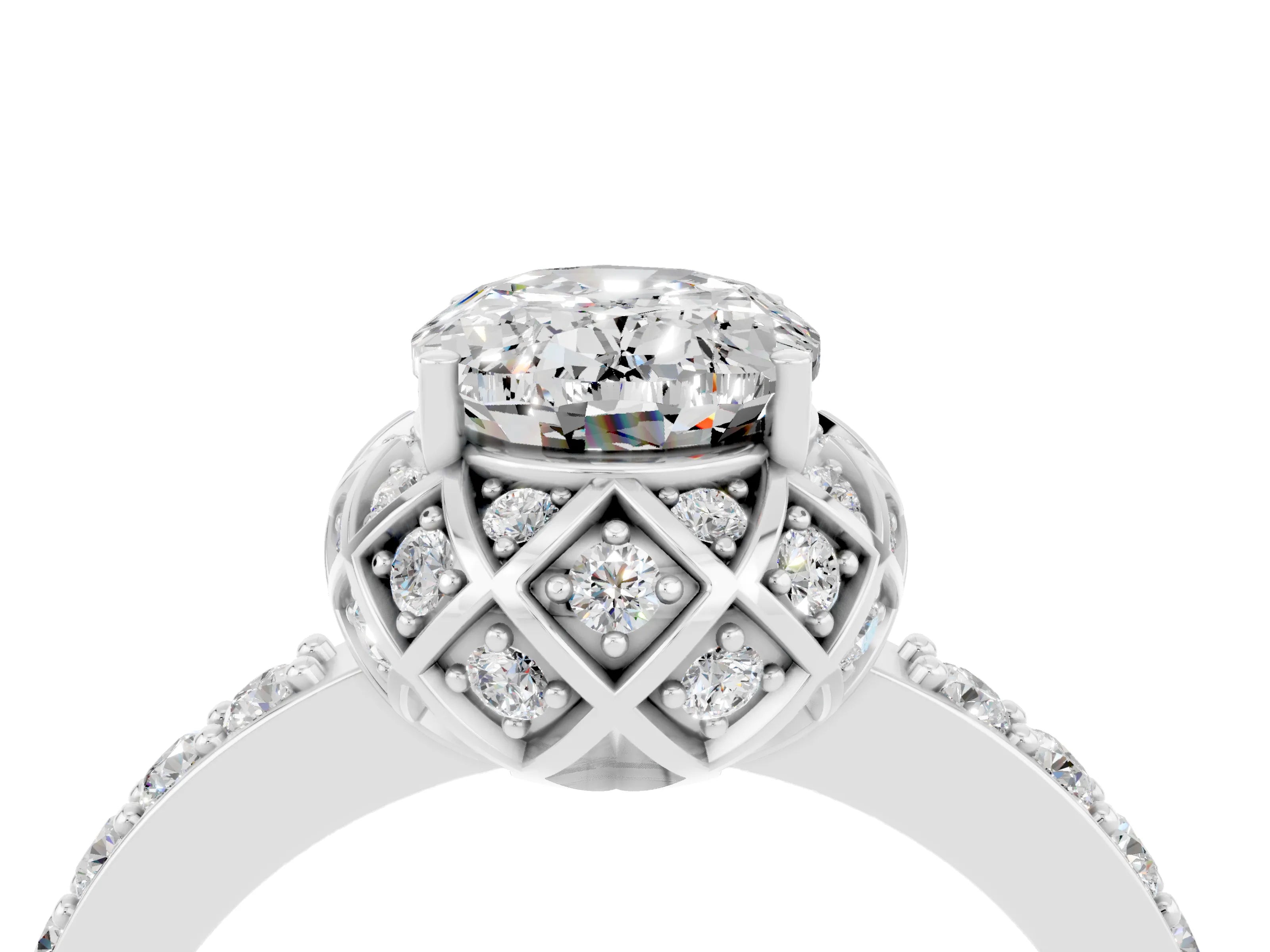 White gold Oval Cut Diamond Solitaire Ring with Shared Prong Pavé Band_4