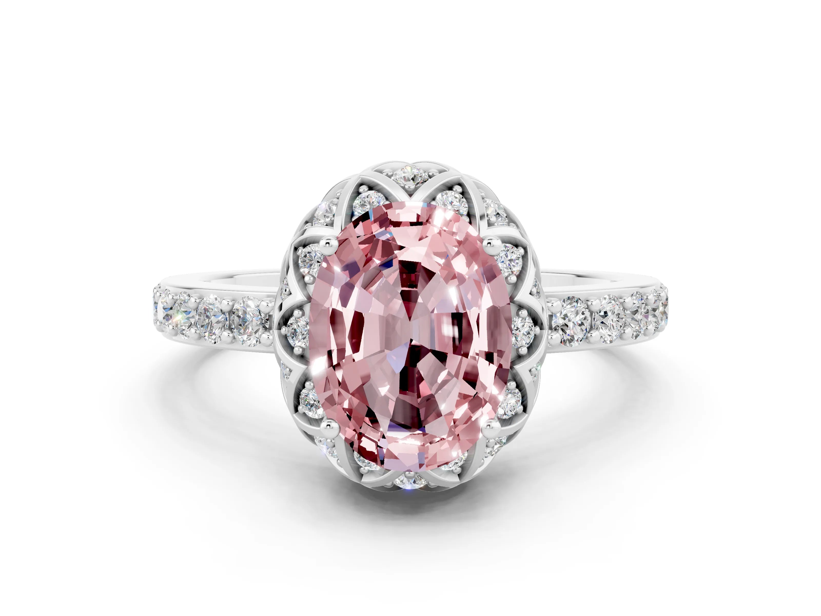 White gold Oval Cut Diamond Solitaire Ring with Shared Prong Pavé Band