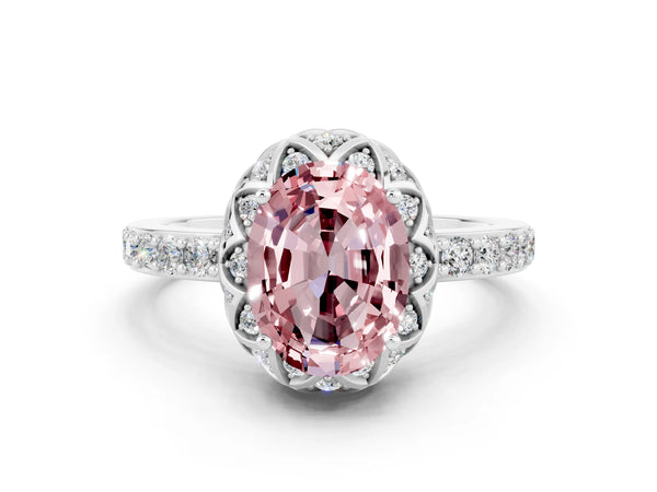 White gold Oval Cut Diamond Solitaire Ring with Shared Prong Pavé Band