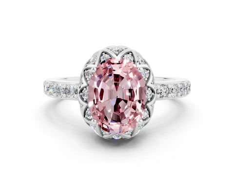 White gold Oval Cut Diamond Solitaire Ring with Shared Prong Pavé Band