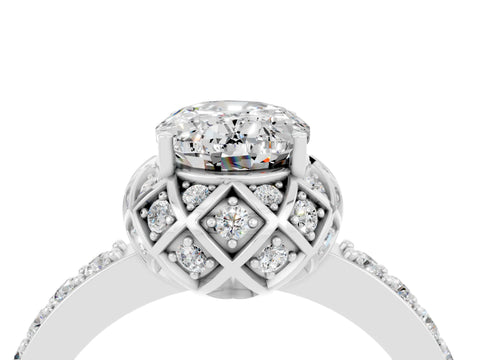 White gold Oval Cut Diamond Solitaire Ring with Shared Prong Pavé Band_4