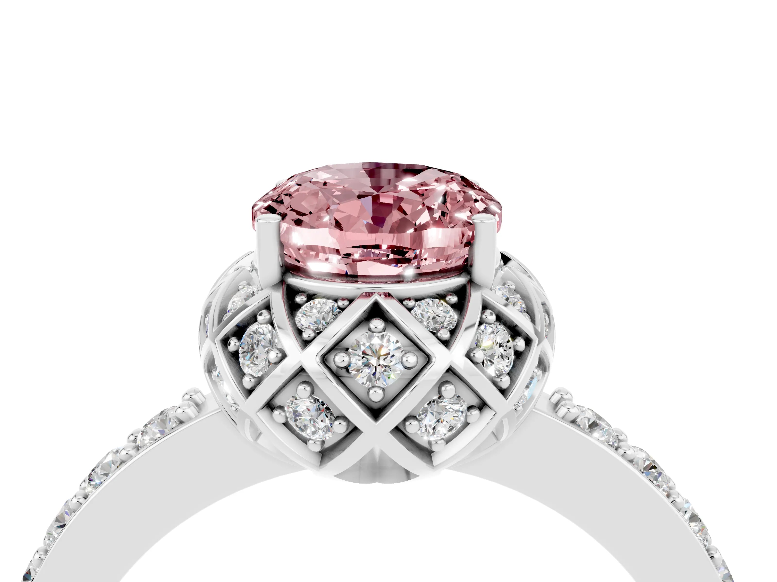 White gold Oval Cut Diamond Solitaire Ring with Shared Prong Pavé Band_4
