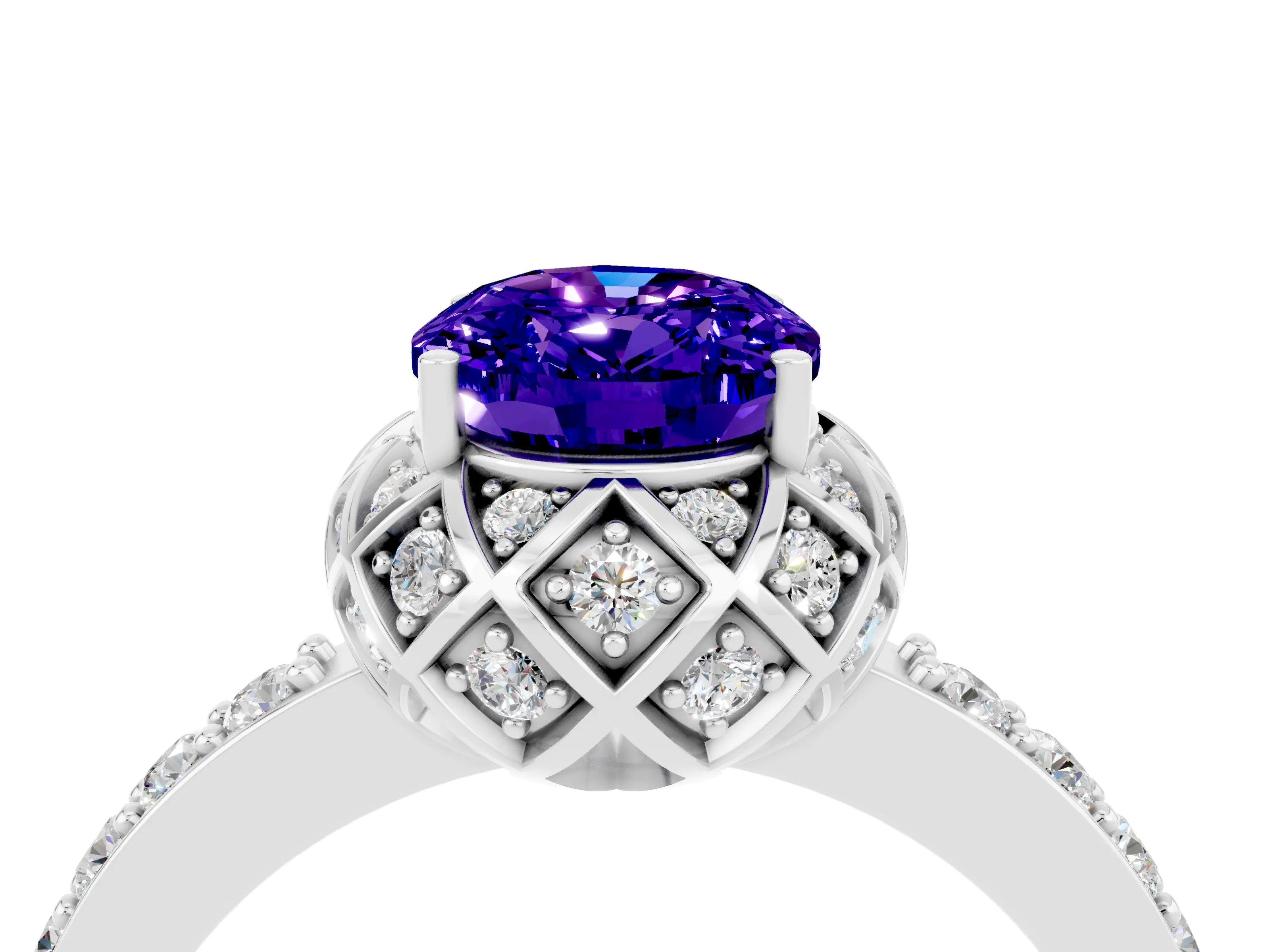 White gold Oval Cut Diamond Solitaire Ring with Shared Prong Pavé Band_4