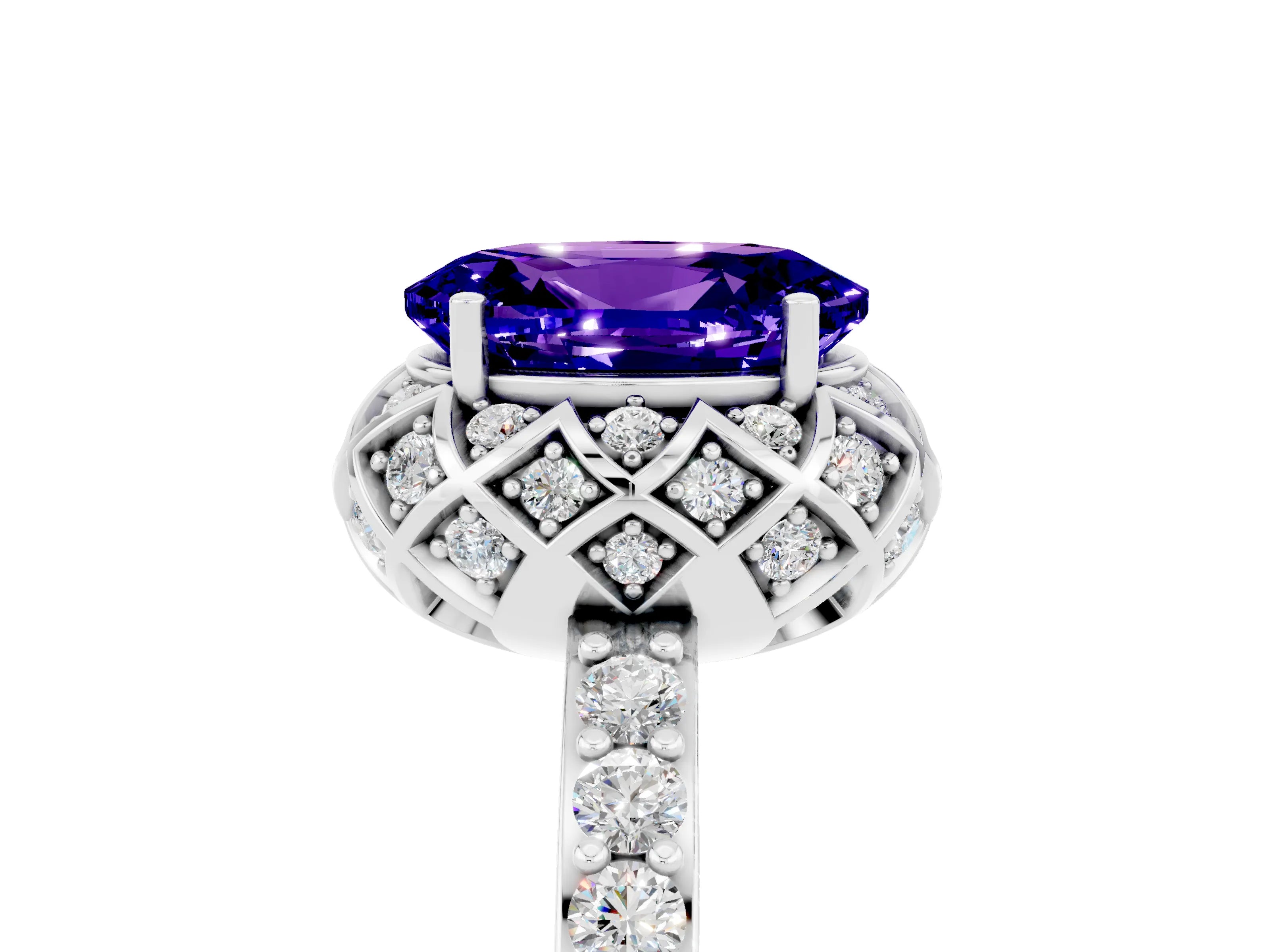 White gold Oval Cut Diamond Solitaire Ring with Shared Prong Pavé Band_5