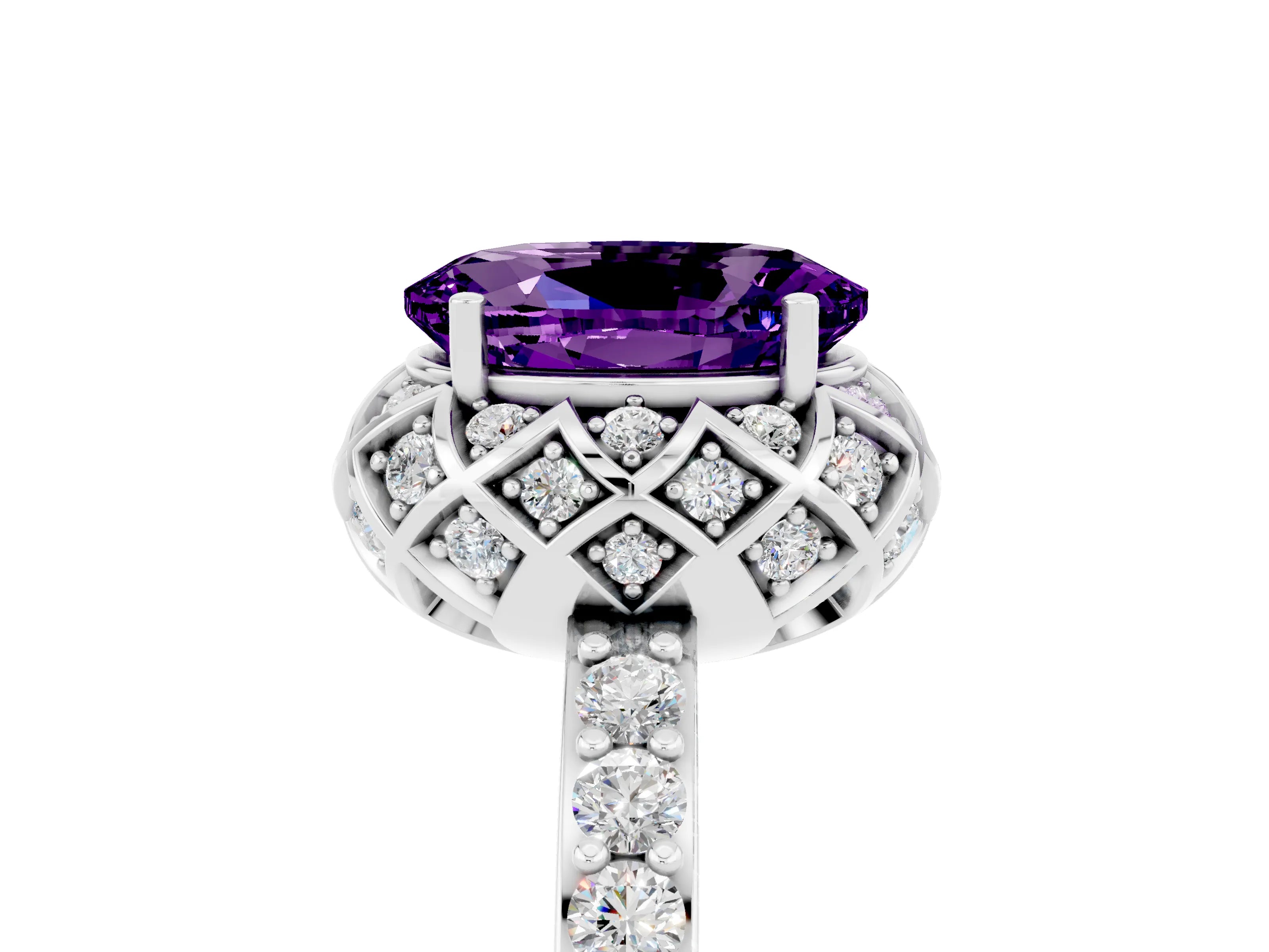 White gold Oval Cut Diamond Solitaire Ring with Shared Prong Pavé Band_5