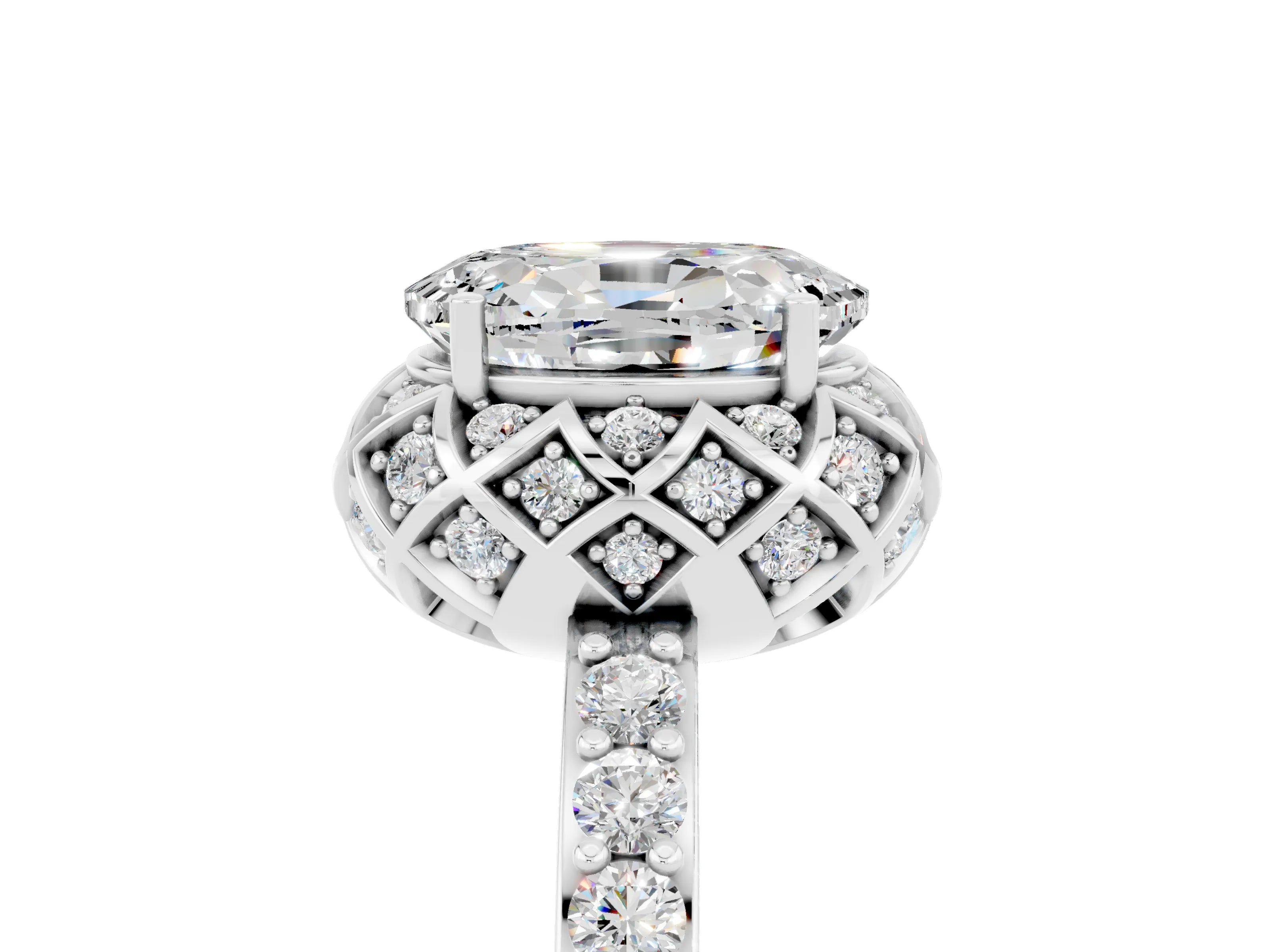 White gold Oval Cut Diamond Solitaire Ring with Shared Prong Pavé Band_5