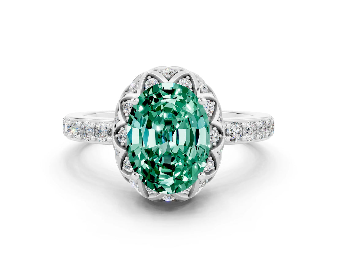 White gold Oval Cut Diamond Solitaire Ring with Shared Prong Pavé Band
