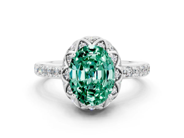 Silver Oval Cut Green Sapphire Scalloped Halo Engagement Ring with Round Shared Prong Band