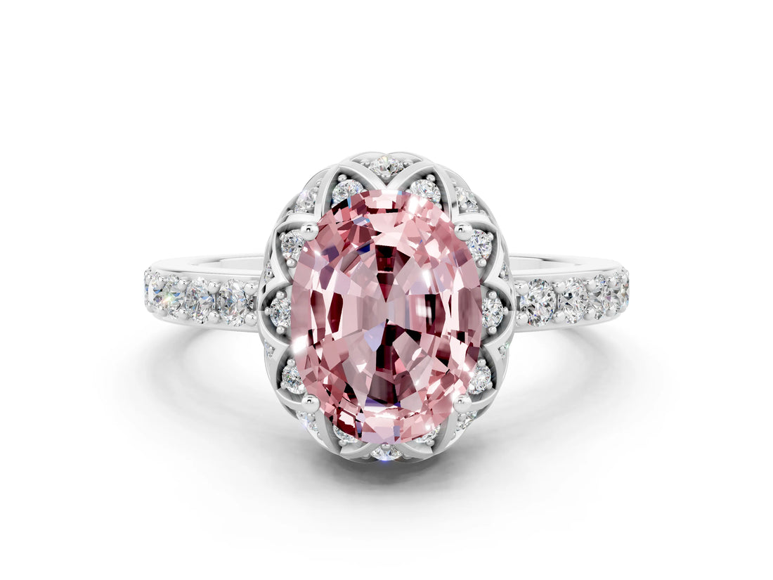 White gold Oval Cut Diamond Solitaire Ring with Shared Prong Pavé Band