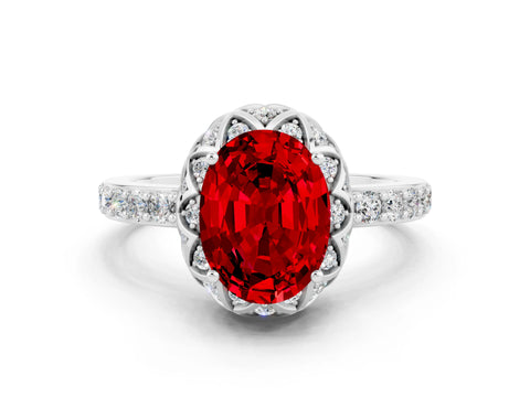 White gold Oval Cut Diamond Solitaire Ring with Shared Prong Pavé Band