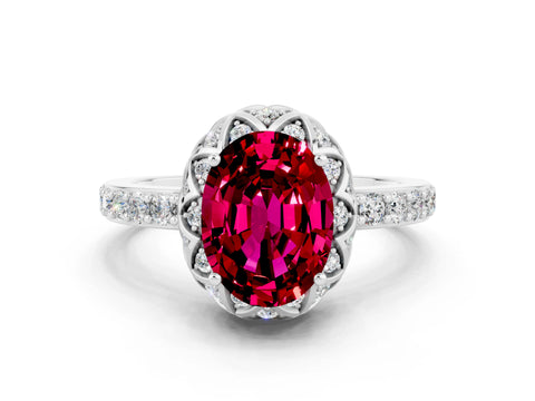 White gold Oval Cut Diamond Solitaire Ring with Shared Prong Pavé Band