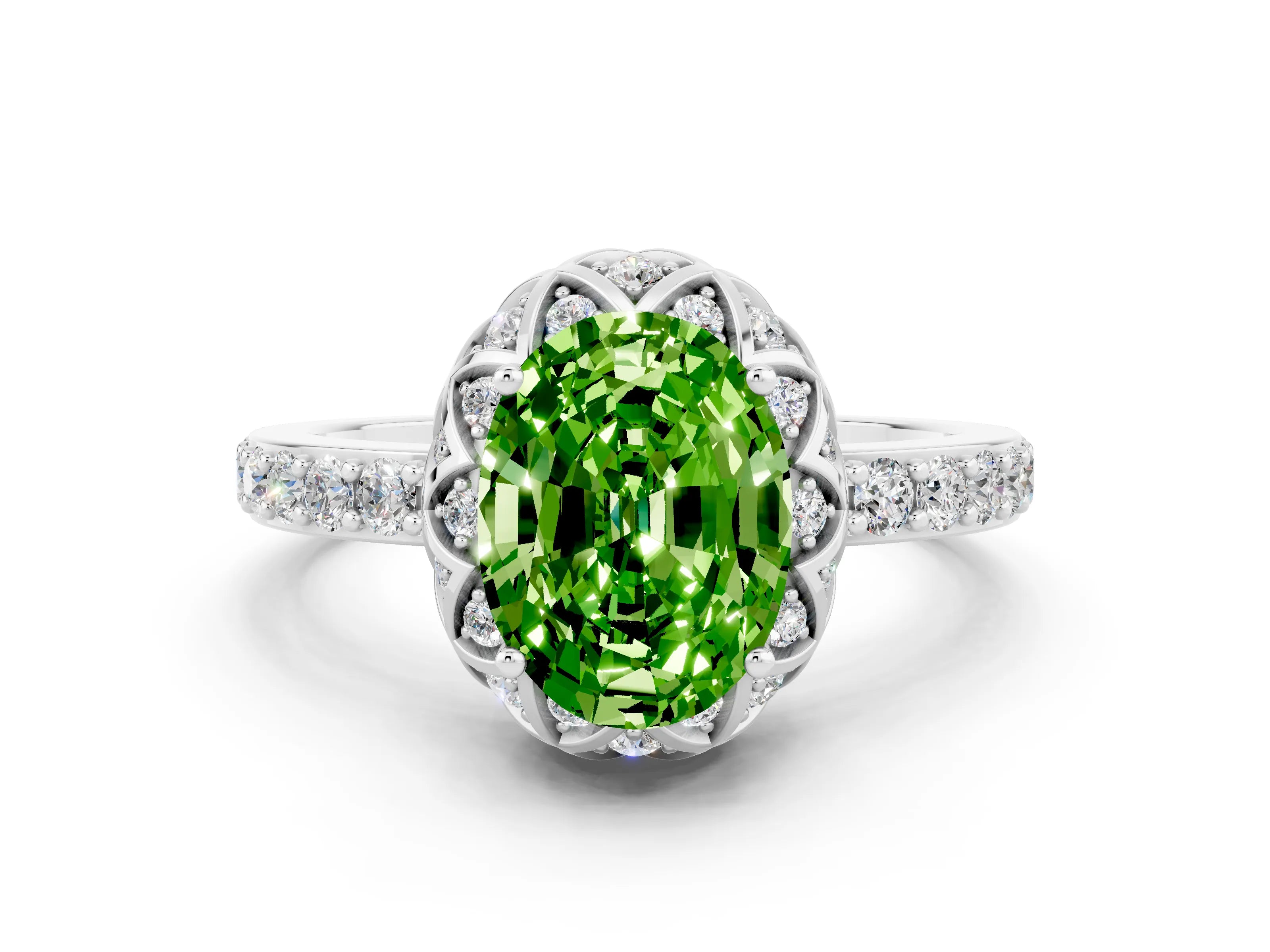 White gold Oval Cut Diamond Solitaire Ring with Shared Prong Pavé Band
