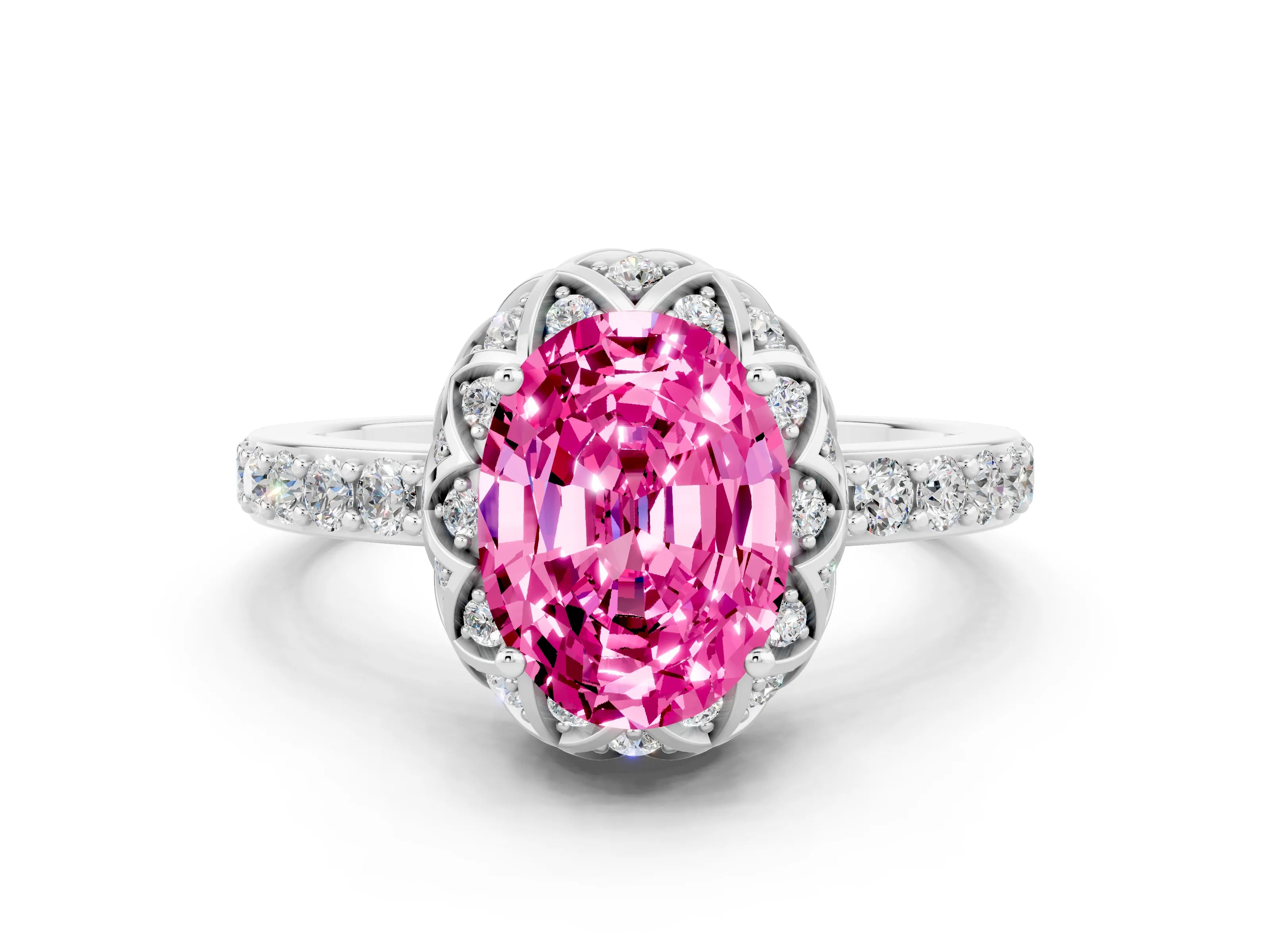 White gold Oval Cut Diamond Solitaire Ring with Shared Prong Pavé Band