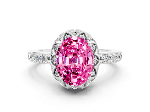 White gold Oval Cut Diamond Solitaire Ring with Shared Prong Pavé Band