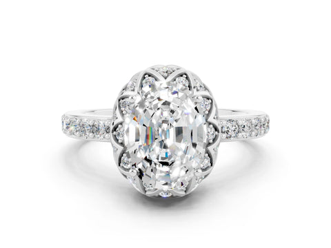 White gold Oval Cut Diamond Solitaire Ring with Shared Prong Pavé Band