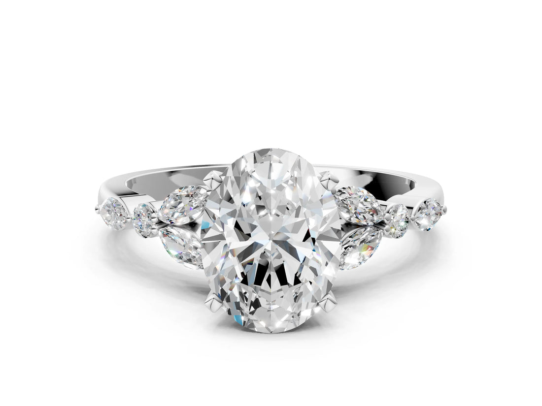 White gold Oval Cut Diamond Solitaire Ring with Side Stones and Four-Prong Setting_88